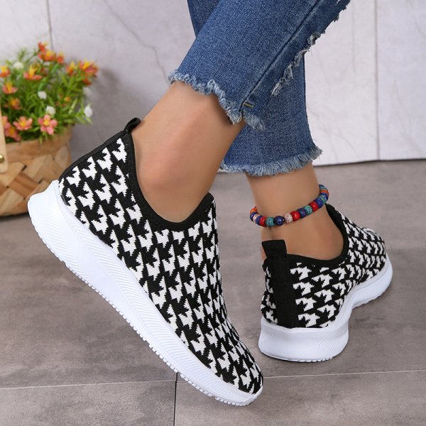 Houndstooth Print Sneakers Round Toe Mesh Flats Shoes