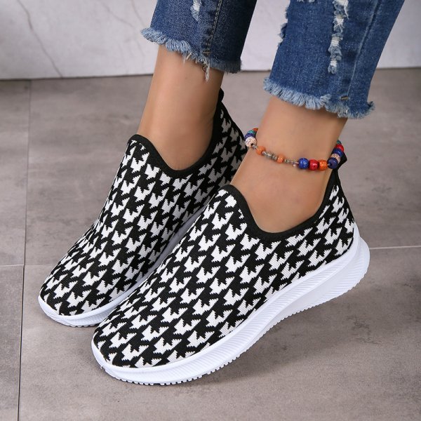 Houndstooth Print Sneakers Round Toe Mesh Flats Shoes